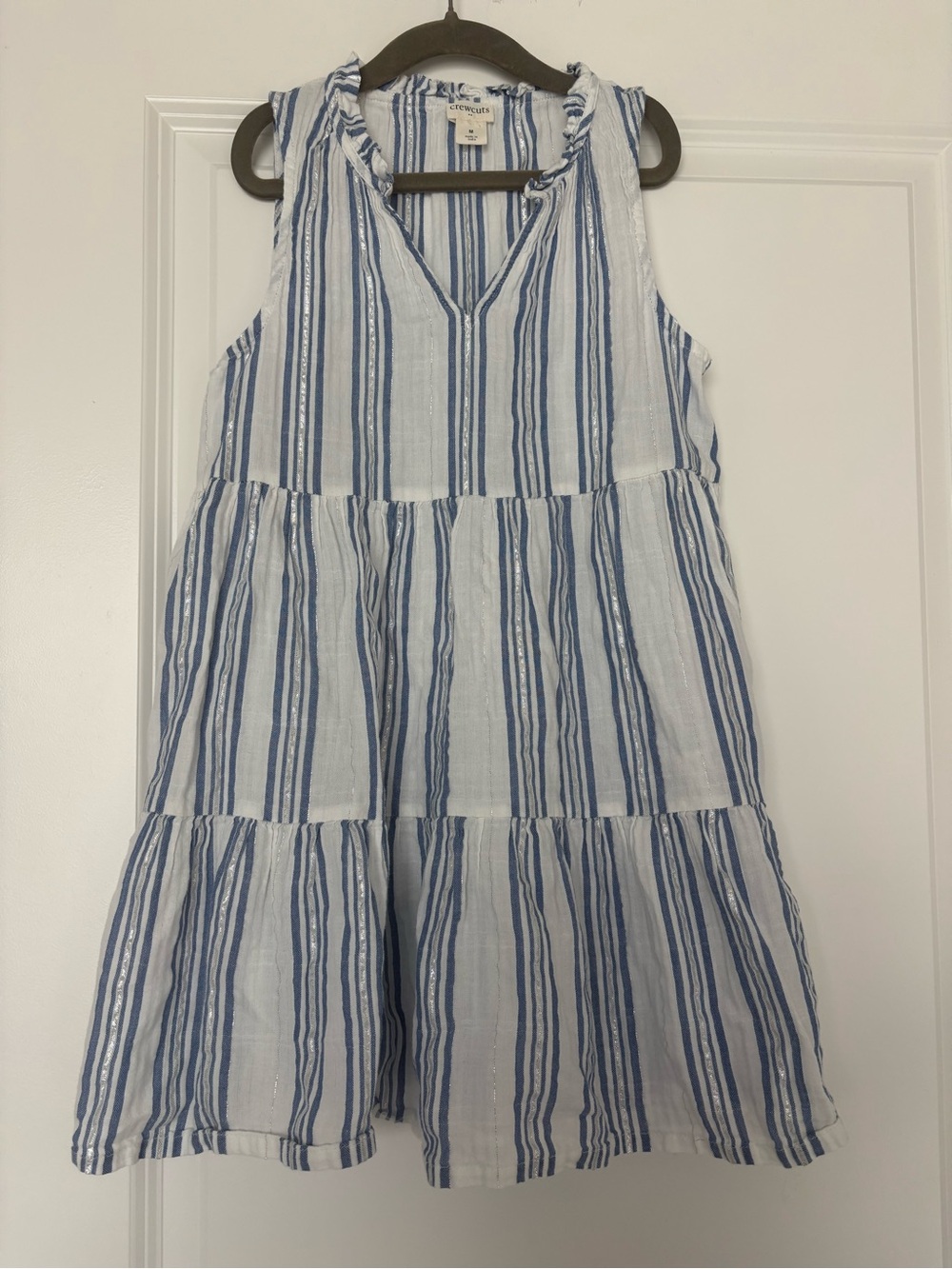 Crewcuts white and blue tiered sundress featuring silver metallic stripes size m
